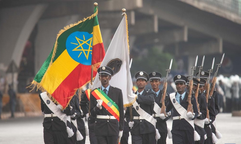 Police officers march during an event to honor Ethiopian police forces in Meskel Square in Addis Ababa, Ethiopia, on June 5, 2022.Photo:Xinhua