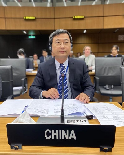 Wang Chang, deputy head of China's Permanent Mission to the United Nations in Vienna speaks at the International Atomic Energy Agency (IAEA) board meeting on June 8, 2022, explaining his voting against the resolution. 