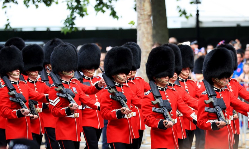 Members of the Household Division march during the Trooping the Colour parade in celebration of Britain's Queen Elizabeth II's Platinum Jubilee, in London, Britain, on June 2, 2022.Photo:Xinhua