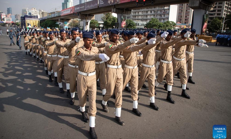 Police officers march during an event to honor Ethiopian police forces in Meskel Square in Addis Ababa, Ethiopia, on June 5, 2022.Photo:Xinhua