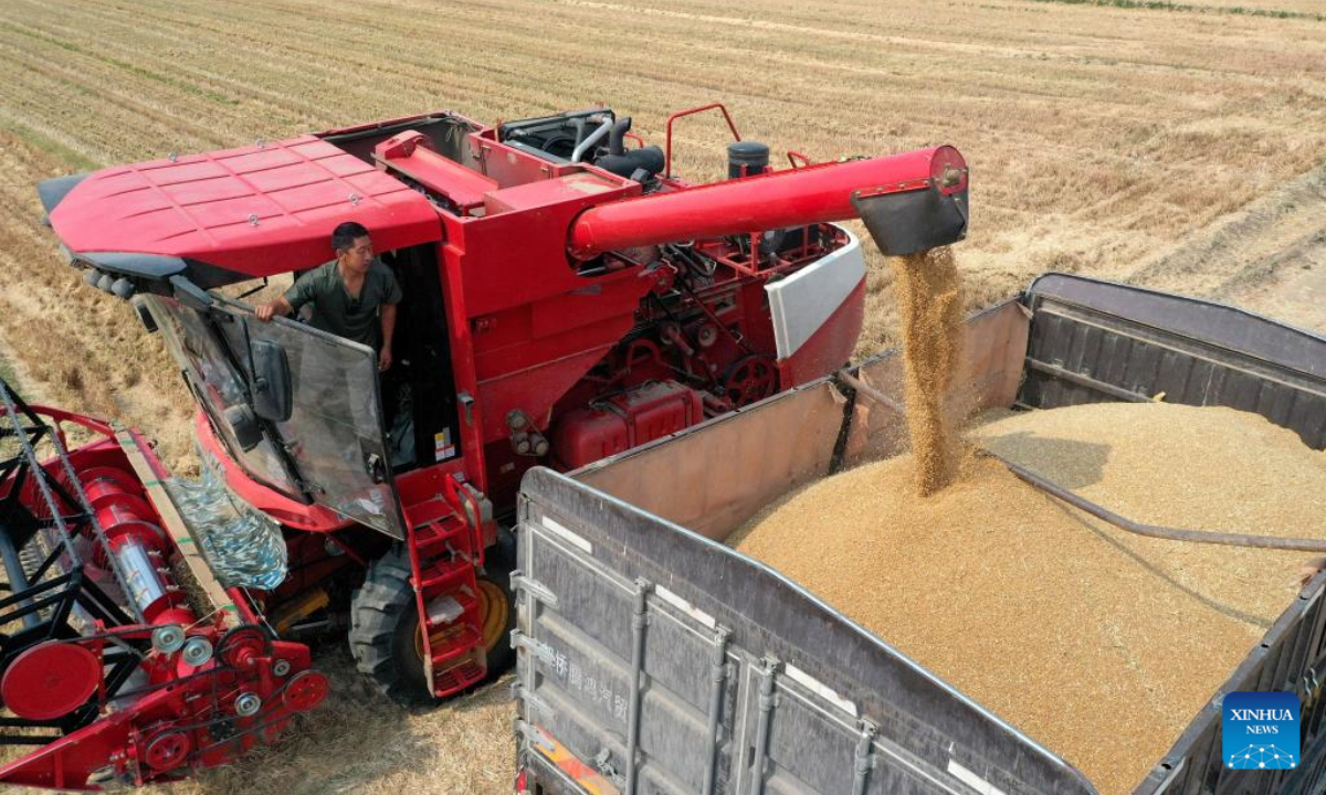 Tang Jumin drives a harvester to reap wheat in the field at Hancun Village in Xingtai, north China's Hebei Province, June 9, 2022. Photo:Xinhua