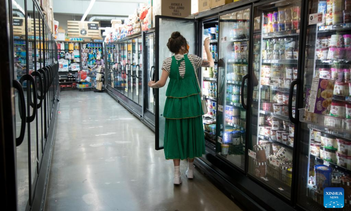 A woman shops at a grocery store in the Brooklyn borough of New York, the United States, on June 10, 2022. US consumer inflation in May surged 8.6 percent from a year ago, indicating inflation remains elevated despite the Federal Reserve's rate hikes, the US Labor Department reported Friday. Photo:Xinhua