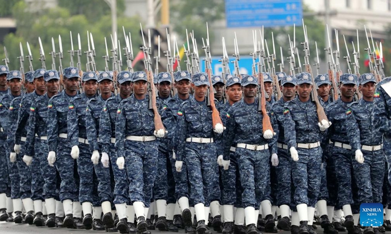 Police officers march during an event to honor Ethiopian police forces in Meskel Square in Addis Ababa, Ethiopia, on June 5, 2022.Photo:Xinhua