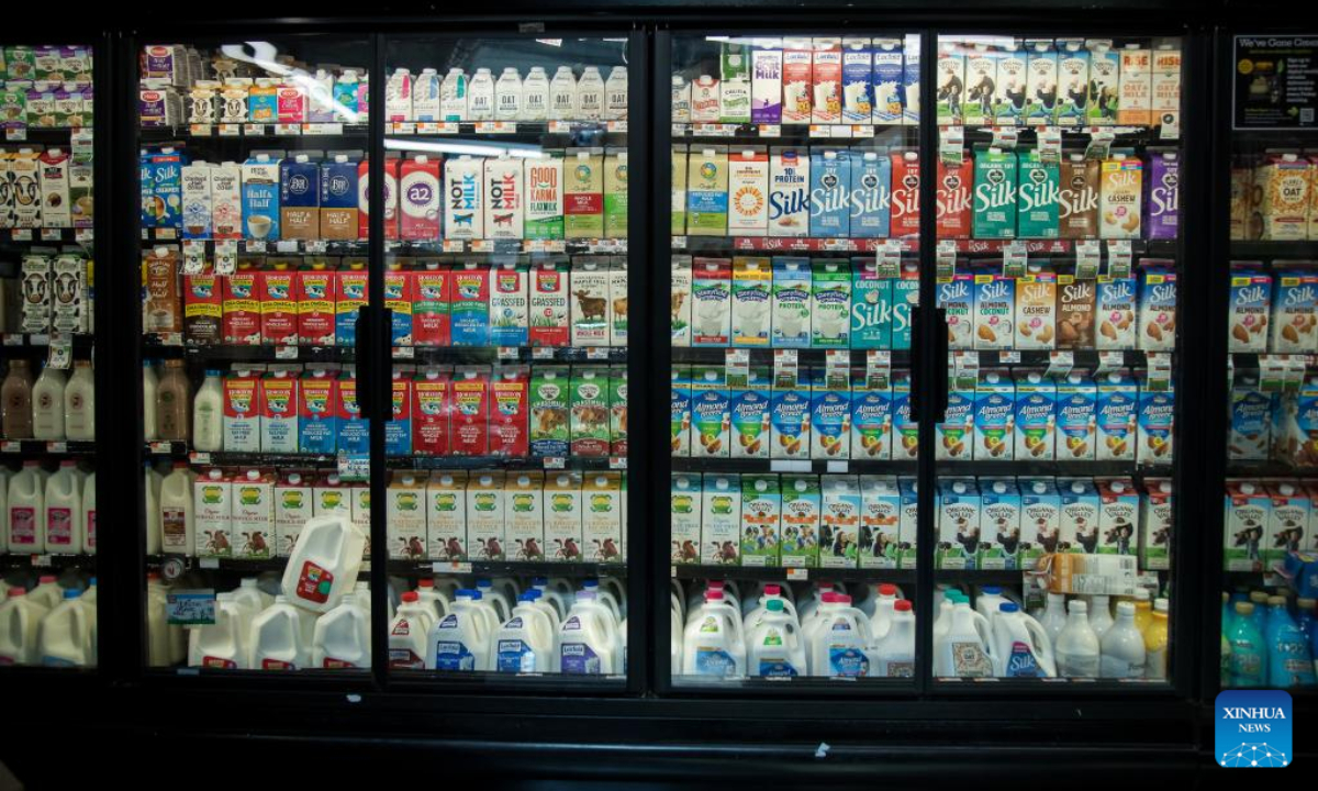 Dairy products are displayed at a grocery store in the Brooklyn borough of New York, the United States, on June 10, 2022. US consumer inflation in May surged 8.6 percent from a year ago, indicating inflation remains elevated despite the Federal Reserve's rate hikes, the US Labor Department reported Friday. Photo:Xinhua