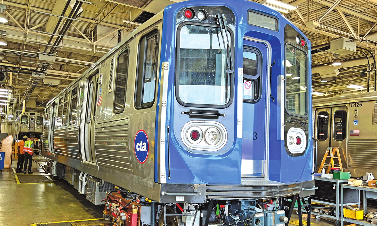 The first batch of trains manufactured by CRRC subsidiary CSR Sifang America is delivered to the Chicago Transit Authority in the US on June 6, 2022. It's the largest subway car project by a Chinese railway firm to a developed country to reach the stage of mass delivery.  Photo: cnsphoto