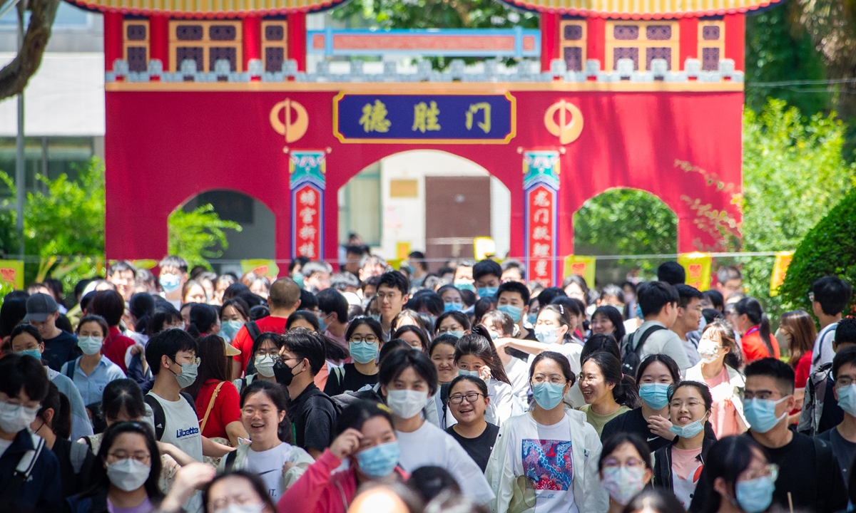 Students walk out of a test site in Nanjing, East China’s Jiangsu Province after taking the first subject of their college entrance examinations on June 7, 2022. Photo: VCG