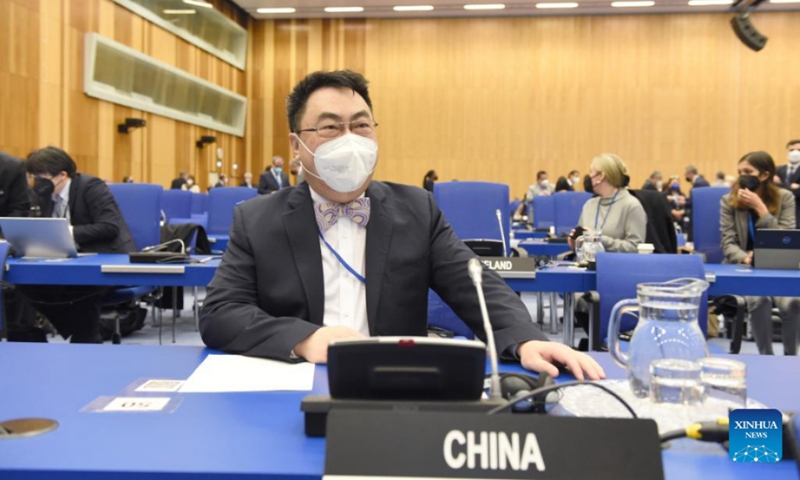 China's Permanent Representative to the United Nations in Vienna Wang Qun attends a meeting convened by the International Atomic Energy Agency (IAEA) Board of Governors to discuss the situation in Ukraine, at Vienna, Austria, March 2, 2022. Wang expressed concerns for the safety of nuclear facilities in Ukraine.(Photo: Xinhua)