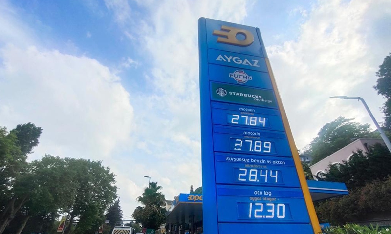 Photo taken on June 11, 2022 shows a price board at a gas station in Istanbul, Turkey.Photo:Xinhua