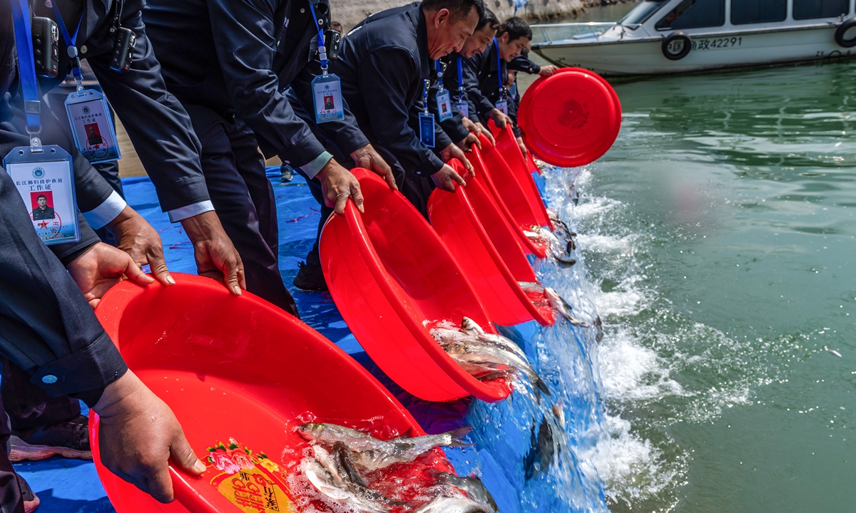 Members of a fishing protection team in Yichang participate at the release of farmed fish into the Yangtze River on April 15, 2021. Photo: VCG
