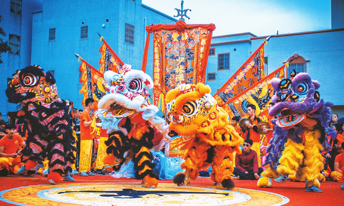 A group of young people perform the lion dance to celebrate the Spring Festival. Photo: IC
