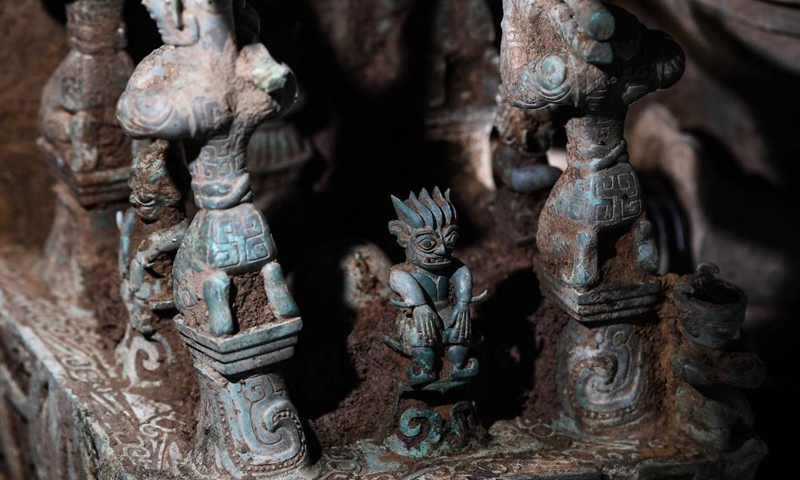 Photo taken on June 1, 2022 shows a bronze altar excavated from the No.8 sacrificial pit at Sanxingdui Ruins site in southwest China's Sichuan Province. Archaeologists have recently made some stunning discoveries at the famed Sanxingdui Ruins site in southwest China's Sichuan Province.