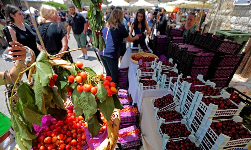 People visit the Hammana Cherry Festival in the village of Hammana, Mount Lebanon Governorate, Lebanon, on June 12, 2022.Photo:Xinhua