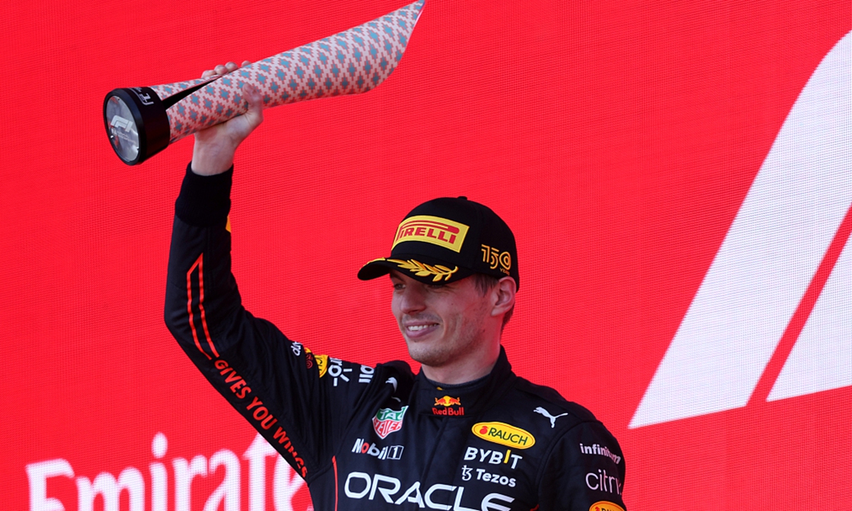 Race winner Max Verstappen celebrates on the podium during the F1 Grand Prix of Azerbaijan at Baku City Circuit on June 12, 2022 in Baku, Azerbaijan. Photo: VCG