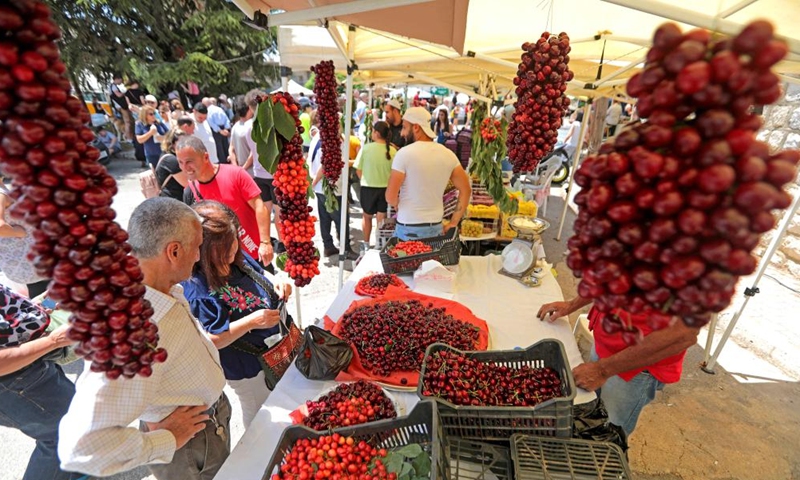People visit the Hammana Cherry Festival in the village of Hammana, Mount Lebanon Governorate, Lebanon, on June 12, 2022.Photo:Xinhua