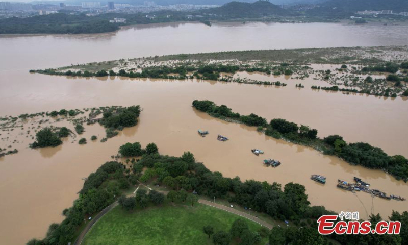 Aerial view of Jiangbin wetland park submerged in floodwater after torrential rain in Fuzhou, Fujian Province, June 15, 2022. (Photo: China News Service/Wang Dongming)