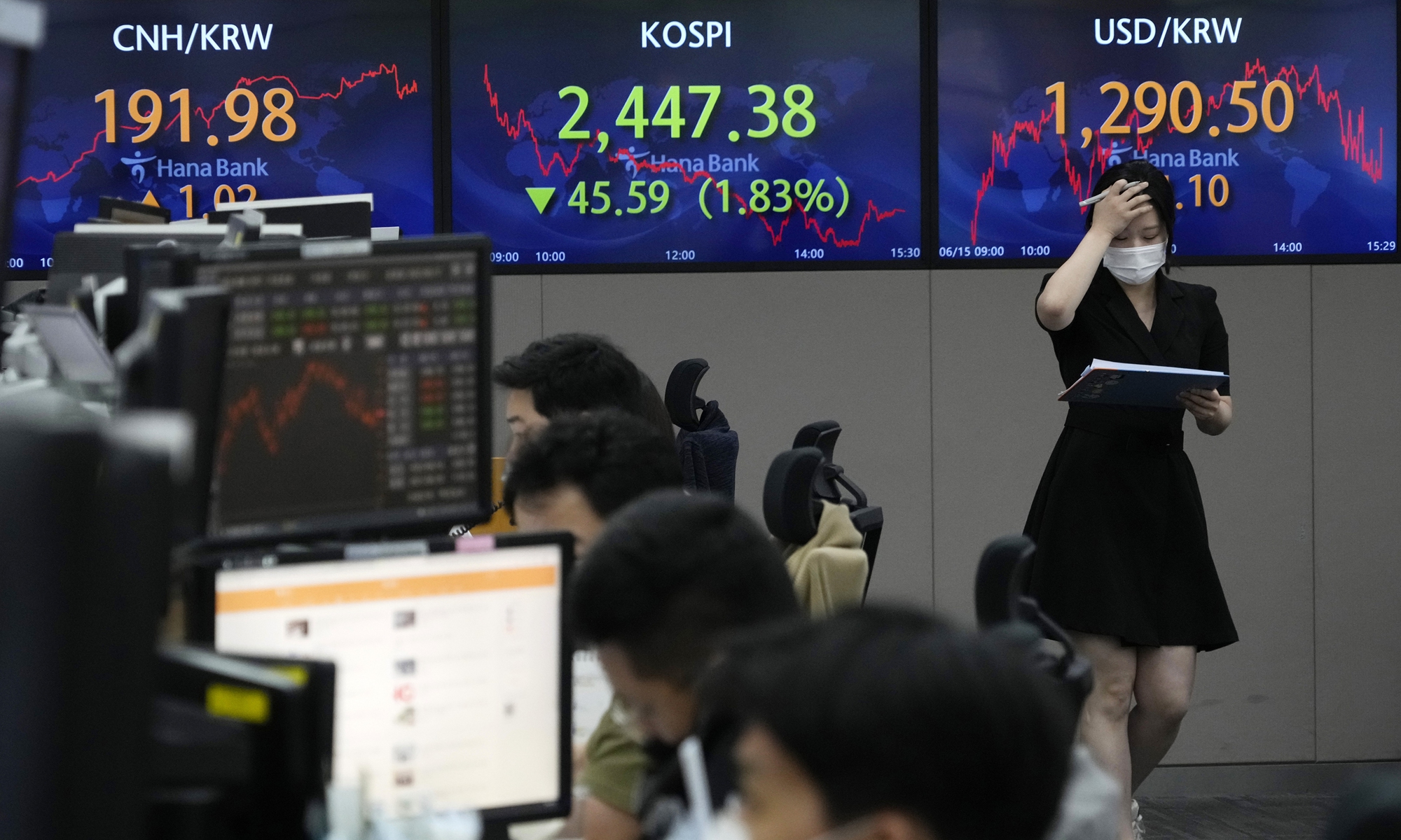 A currency trader passes by screens showing the Korea Composite Stock Price Index (KOSPI), center, and the exchange rate of South Korean won against the US dollar (right) at the foreign exchange dealing room of the KEB Hana Bank headquarters in Seoul on June 15, 2022. Asian stock markets were mixed on the day ahead of the Federal Reserve's announcement of how sharply it will raise interest rates to cool US inflation. Photo: VCG