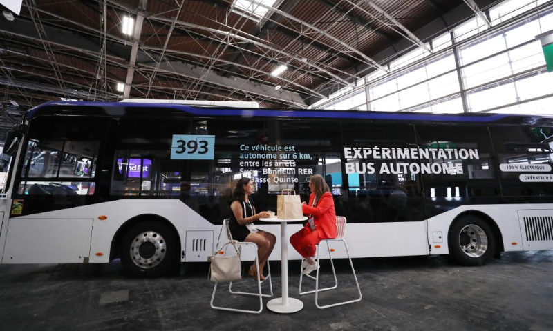 A self-driving bus made by China's CRRC Electric Vehicle is seen at the VivaTech technology startups and innovation fair during its opening day in Paris, France, June 15, 2022. The 2022 VivaTech technology startups and innovation fair kicked off here on Wednesday, and will last until Saturday. More than 2,000 exhibitors participated in the event. VivaTech is the world's rendezvous for startups and leaders to celebrate innovation and the power of technology in transforming business and society. (Xinhua/Gao Jing)