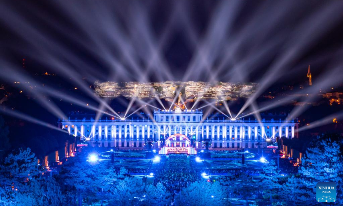 Members of the Vienna Philharmonic perform during the Summer Night Concert at the park of Schoenbrunn Palace in Vienna, Austria, on June 16, 2022. The Summer Night Concert 2022 was staged here by the Vienna Philharmonic on Thursday. Photo:Xinhua