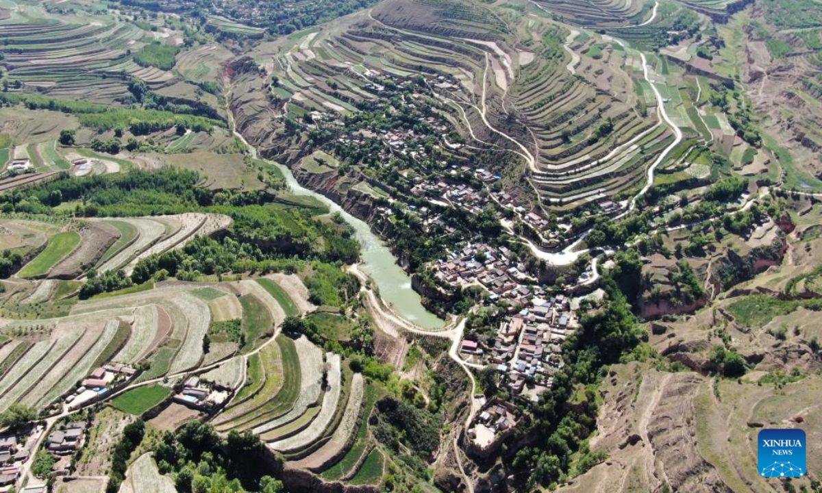 Aerial photo shows a view of Zhangchuan Village of Tongwei County, northwest China's Gansu Province, June 15, 2022. Photo:Xinhua