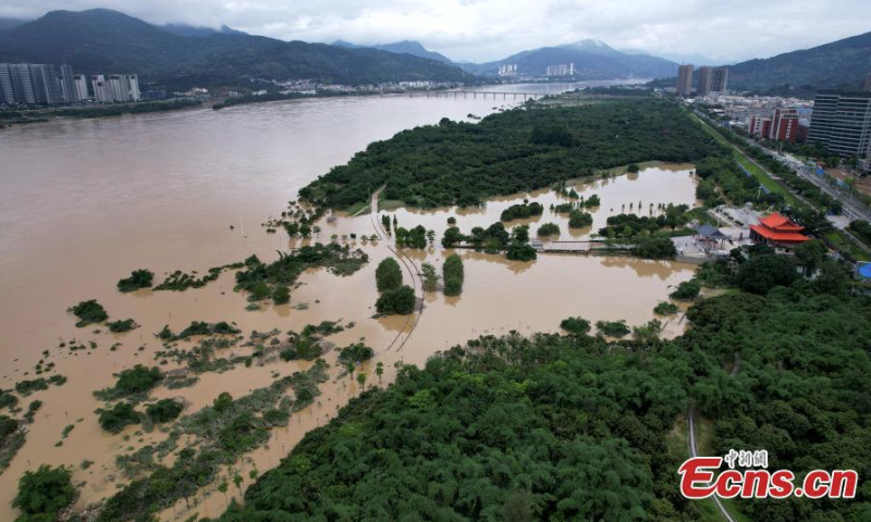 Aerial view of Jiangbin wetland park submerged in floodwater after torrential rain in Fuzhou, Fujian Province, June 15, 2022. (Photo: China News Service/Wang Dongming)
