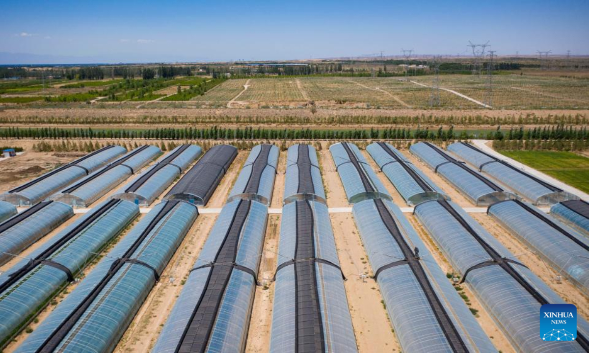 Aerial photo taken on June 14, 2022 shows plastic greenhouses in the Baijitan national ecological reserve of Lingwu, northwest China's Ningxia Hui Autonomous Region.Photo:Xinhua
