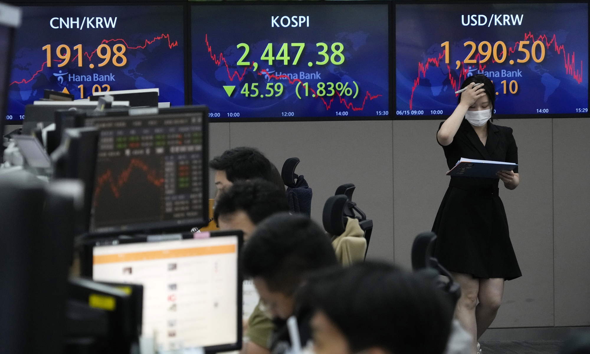 A currency trader passes by screens showing the Korea Composite Stock Price Index (KOSPI), center, and the exchange rate of South Korean won against the US dollar (right) at the foreign exchange dealing room of the KEB Hana Bank headquarters in Seoul on June 15, 2022. Asian stock markets were mixed on the day ahead of the Federal Reserve's announcement of how sharply it will raise interest rates to cool US inflation. Photo: VCG