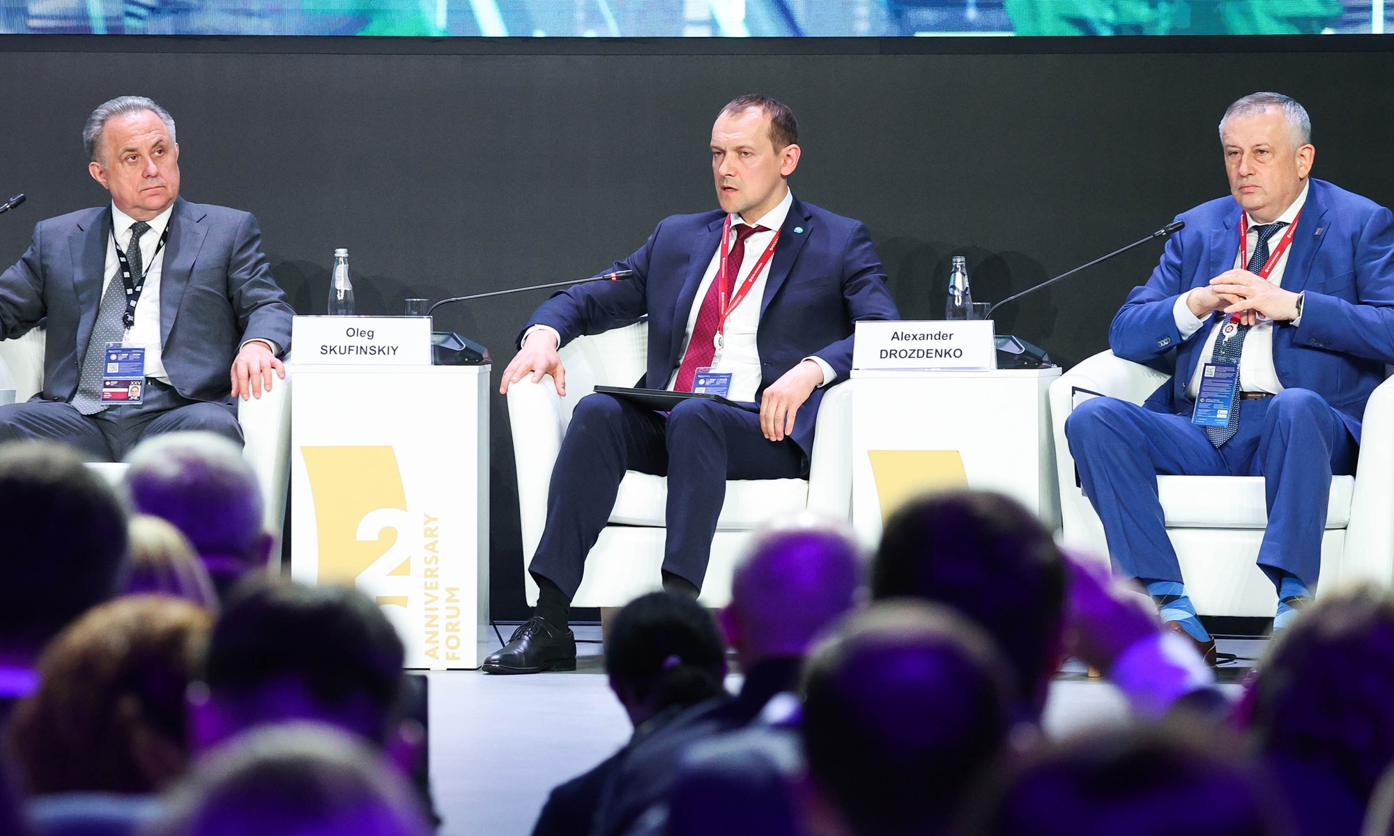 DOM RF CEO Vitaly Mutko, Oleg Skufinsky, Head of the Russian Federal Service for State Registration, Cadastre and Cartography (Rosreestr), and Leningrad Region Governor Alexander Drozdenko (L-R) attend a session as part of the 2022 St Petersburg International Economic Forum (SPIEF) at the ExpoForum Convention and Exhibition Center. Photo: IC