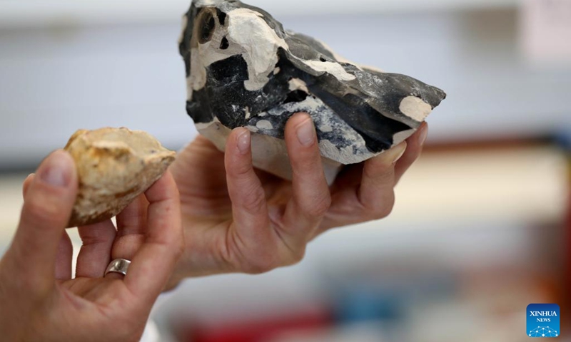 An Israeli researcher shows pieces of flint tools with traces of fire use at Weizmann Institute of Science in Rehovot, Israel, on June 15, 2022. Israeli researchers have found traces of fire use dating back at least 800,000 years ago with artificial intelligence (AI), the Weizmann Institute of Science (WIS) in central Israel said on Monday.(Photo: Xinhua)