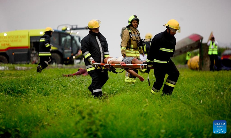 Photo taken on June 15, 2022 shows the scene of an emergency drill conducted by Civil Aviation Authority of Nepal (CAAN) at Tribhuvan International Airport in Kathmandu, Nepal.(Photo: Xinhua)