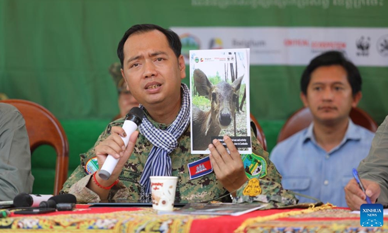 Neth Pheaktra, spokesman for the Ministry of Environment, speaks during the release of the hog deer population survey results in Kratie province, Cambodia on June 16, 2022. Eighty-four globally endangered hog deer are roaming grassland habitats in the Prek Prasob Wildlife Sanctuary of Mekong flooded forest in northeastern Cambodia, according to the first camera-trap survey of the hog deer population released on Thursday.(Photo: Xinhua)