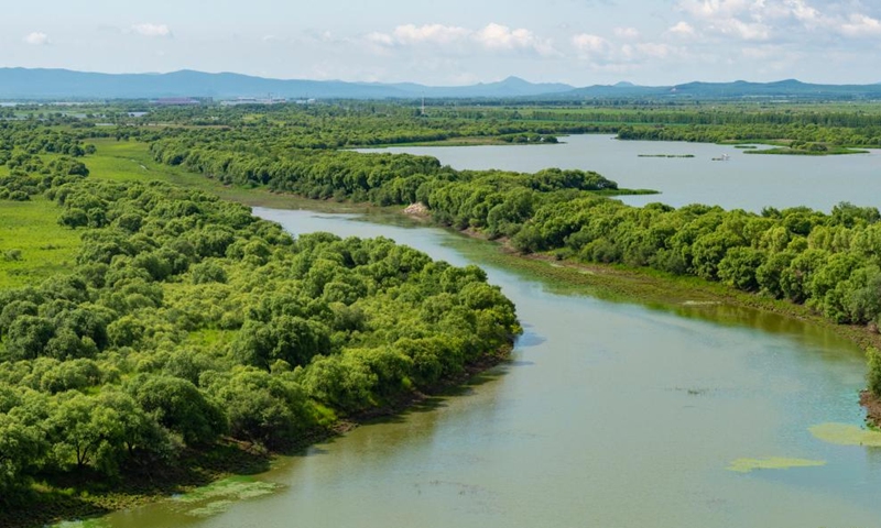Aerial photo taken on June 19, 2022 shows the scenery of the Wusuli River National Wetland Park in northeast China's Heilongjiang Province.Photo:Xinhua