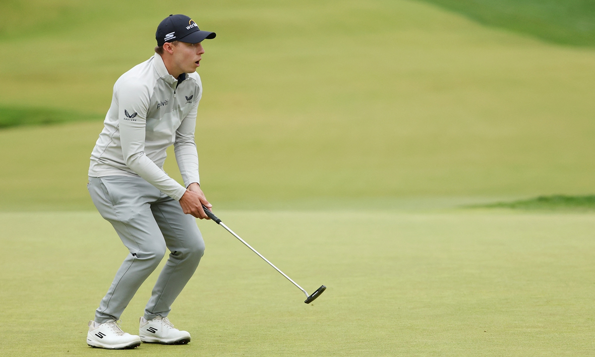 Matt Fitzpatrick reacts on the ninth green during the final round of the US Open Championship on June 19, 2022 in Brookline, Massachusetts. Photo: AFP