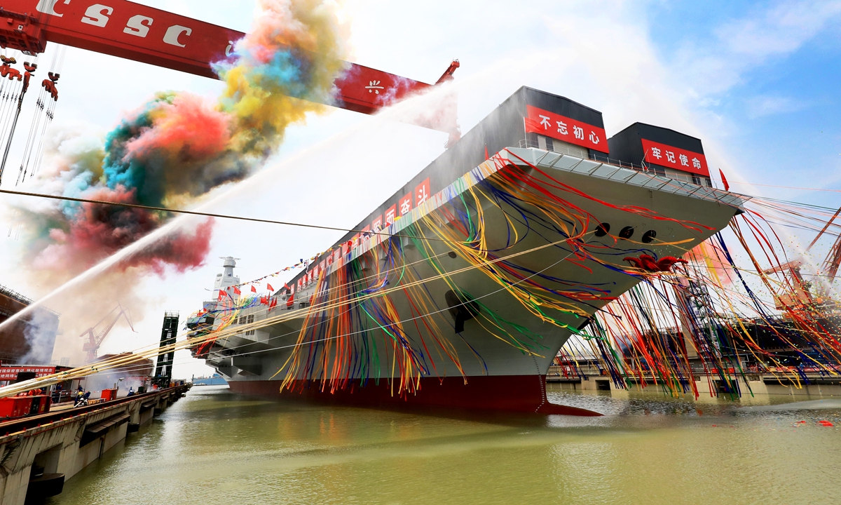 China's third aircraft carrier, the <em>Fujian</em>, is launched in Shanghai on June 17, 2022. Photo: VCG