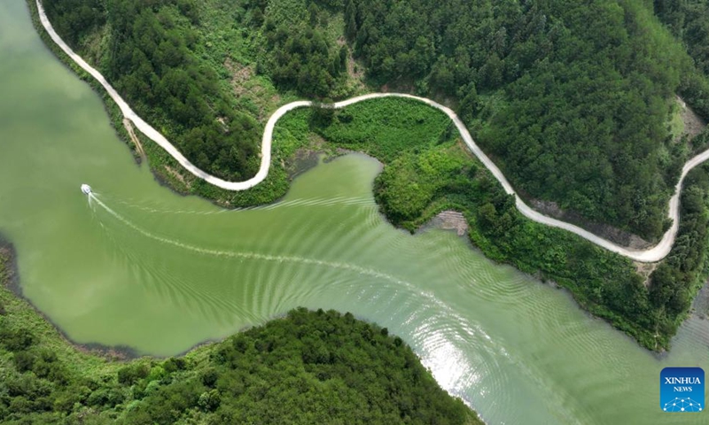 Aerial photo taken on June 21, 2022 shows the view of Xiaxi Reservoir in Cengong County, Qiandongnan Miao and Dong Autonomous Prefecture, southwest China's Guizhou Province.(Photo: Xinhua)