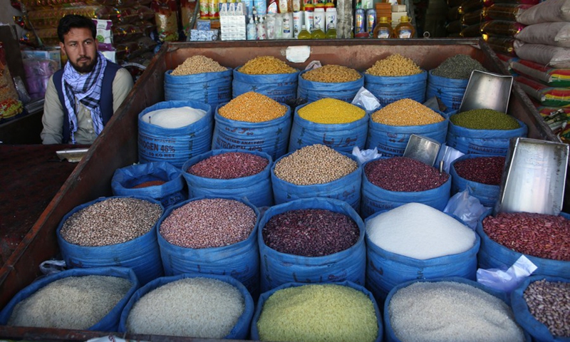 An Afghan shopkeeper waits for customers in Kabul, capital of Afghanistan, Feb. 12, 2022.(Photo: Xinhua)