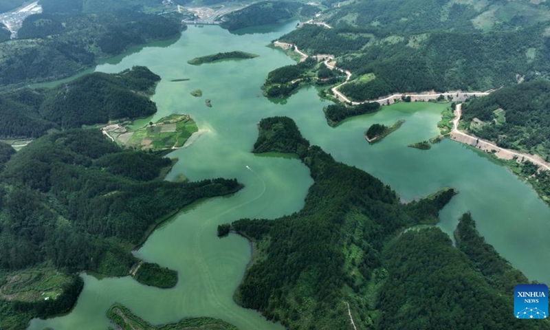 Aerial photo taken on June 21, 2022 shows the view of Xiaxi Reservoir in Cengong County, Qiandongnan Miao and Dong Autonomous Prefecture, southwest China's Guizhou Province.(Photo: Xinhua)