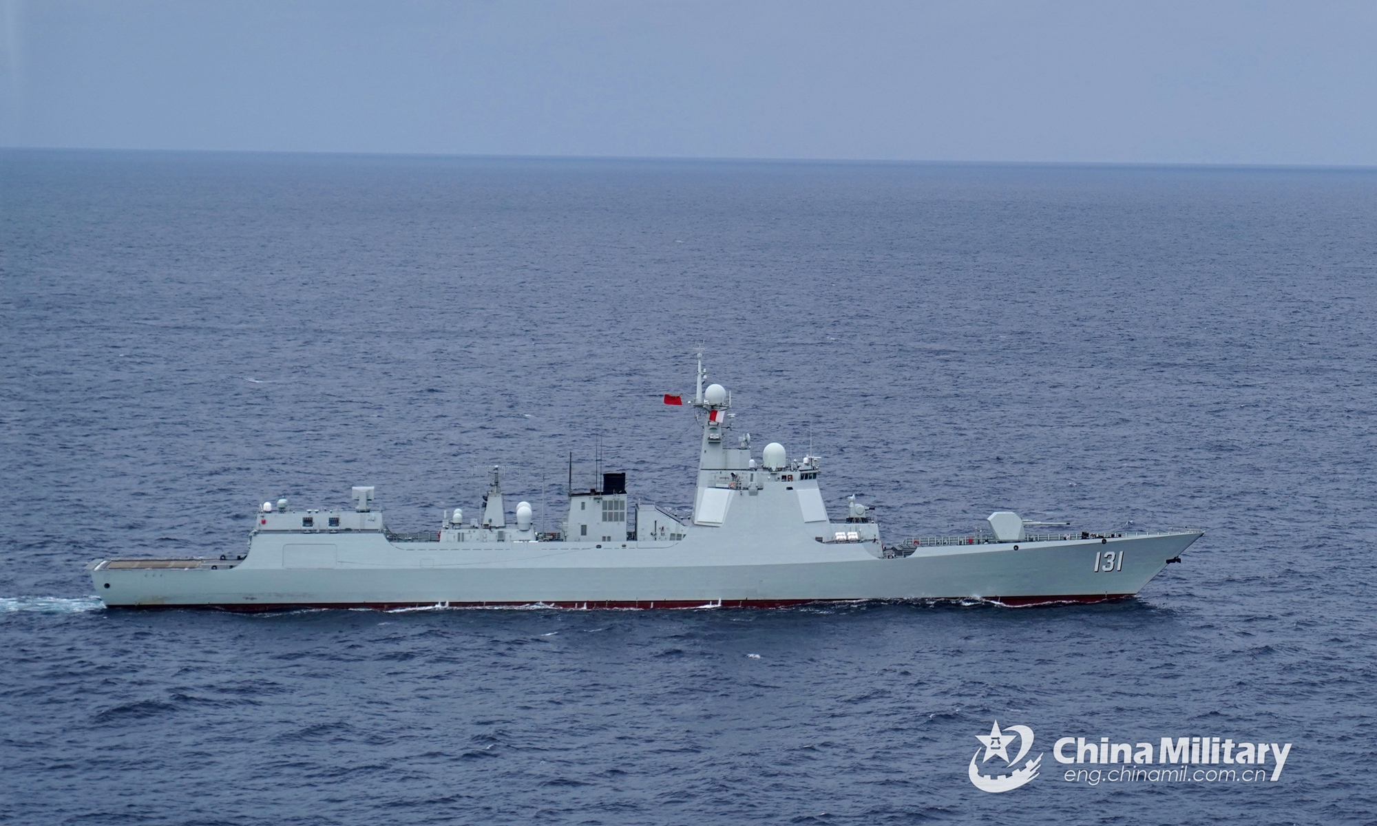 The guided-missile destroyer Taiyuan (Hull 131) attached to a destroyer flotilla with the navy under the PLA Eastern Theater Command steams in waters of the East China Sea during a realistic combat training exercise in early November, 2021.Photo:China Military
