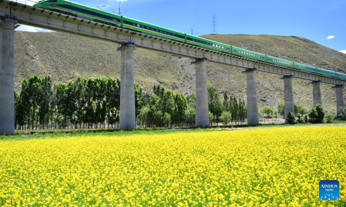 A Fuxing bullet train runs on the Lhasa-Nyingchi railway in Shannan, southwest China's Tibet Autonomous Region, June 22, 2022. Photo:Xinhua