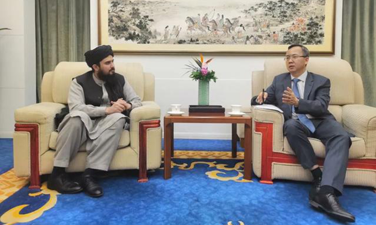 Chen Song(right), deputy director-general of the Department of Asian Affairs of the Ministry of Foreign Affairs of China, meets with Afghan Embassy Chargé d'affaires in Beijing Sayed Mohiuddin Sadat on June 22. Screenshot from the official WeChat account of the Department of Asian Affairs of the Ministry of Foreign Affairs of China. 