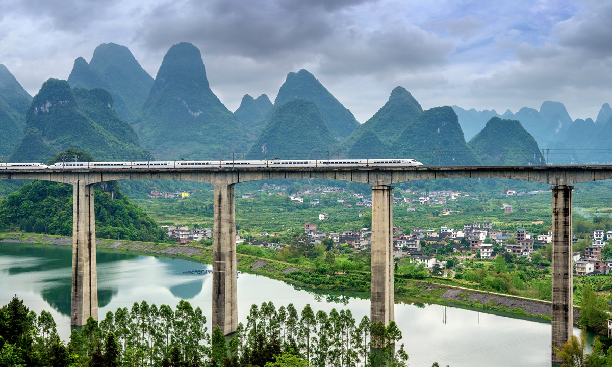 A bullet train passes through Yangshuo, Southwest China's Guangxi Zhuang Autonomous Region. Photo: IC