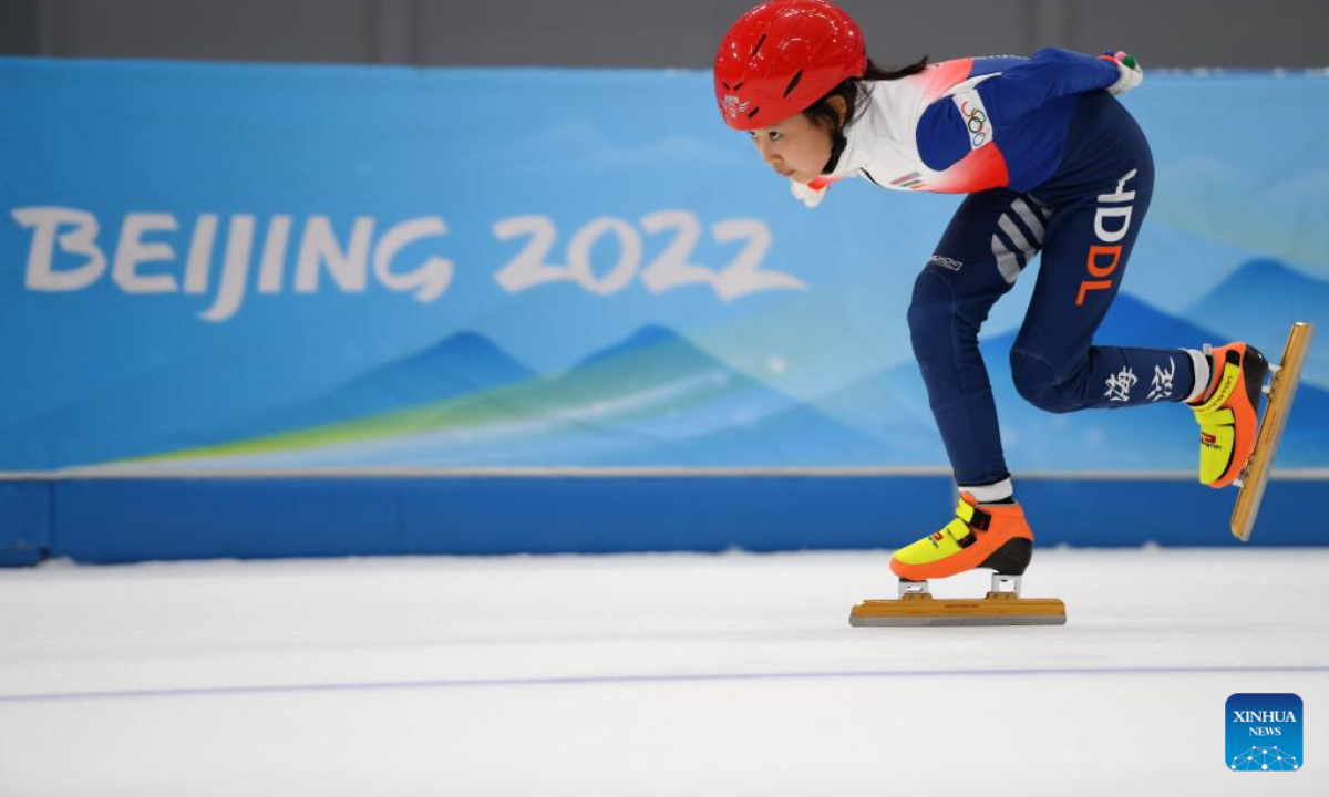 A child skates at the National Speed Skating Oval in Beijing, capital of China, July 9, 2022. The National Speed Skating Oval, also known as the Ice Ribbon, opened to the public on Saturday. Photo:Xinhua