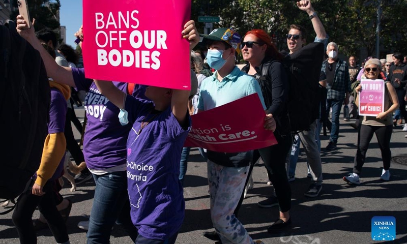 Demonstrators protest against the Supreme Court's overturning of the Roe vs. Wade abortion-rights ruling in San Francisco, California, the United States, on June 24, 2022.Photo:Xinhua