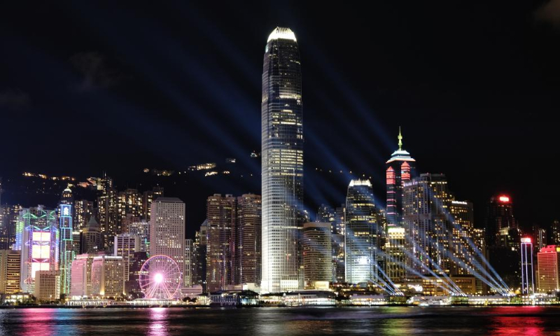 Photo taken on June 25, 2022 shows a light show in Tsim Sha Tsui, south China's Hong Kong. Hong Kong will celebrate the 25th anniversary of its return to the motherland. (Xinhua/Wang Shen)