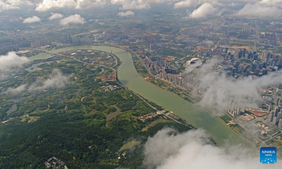 Aerial photo taken on July 1, 2022 shows the scenery of Yongjiang River in Nanning, south China's Guangxi Zhuang Autonomous Region. Photo:Xinhua