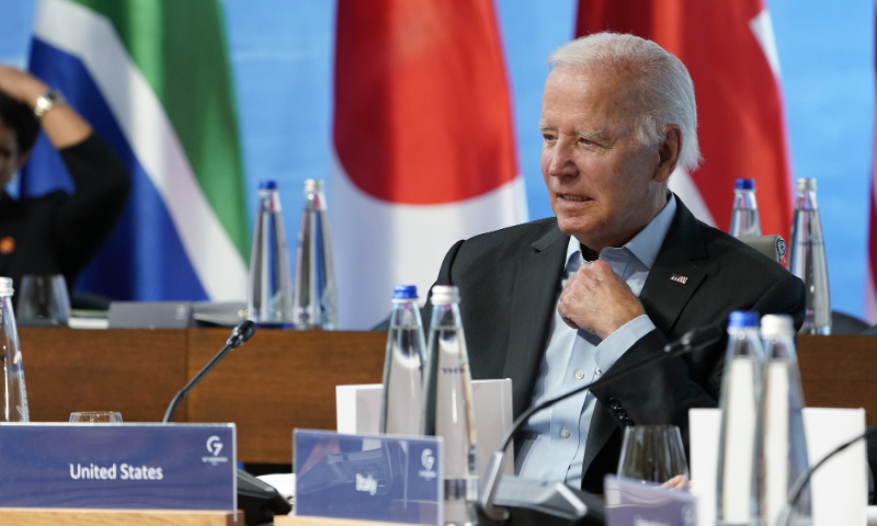 US President Joe Biden waits for the start of a lunch with the G7 leaders at the Schloss Elmau hotel in Elmau, Germany, on June 27, 2022, during the annual G7 summit.