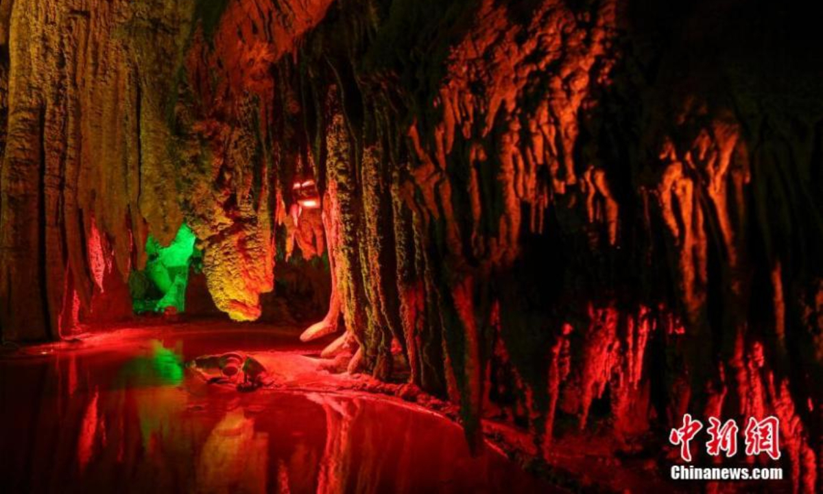 Scenery of Taigu kast cave illuminated by color lights in Youyang Tujia and Miao Autonomous County, southwest China's Chongqing, July 6, 2022. Photo:China News Service