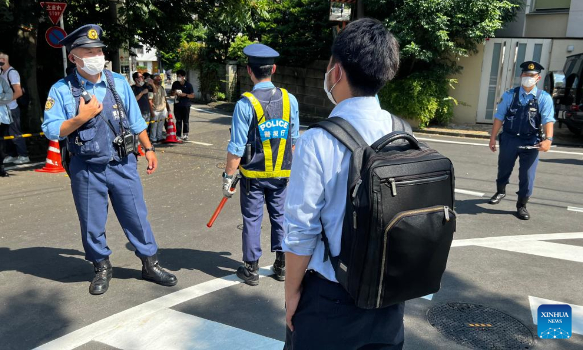 Police officers stand guard near Shinzo Abe's residence in Tokyo, Japan, July 9, 2022. Former Japanese Prime Minister Shinzo Abe has died after being fatally shot Friday by a gunman during a speech in the western city of Nara when campaigning for Sunday's upper house election. Photo:Xinhua