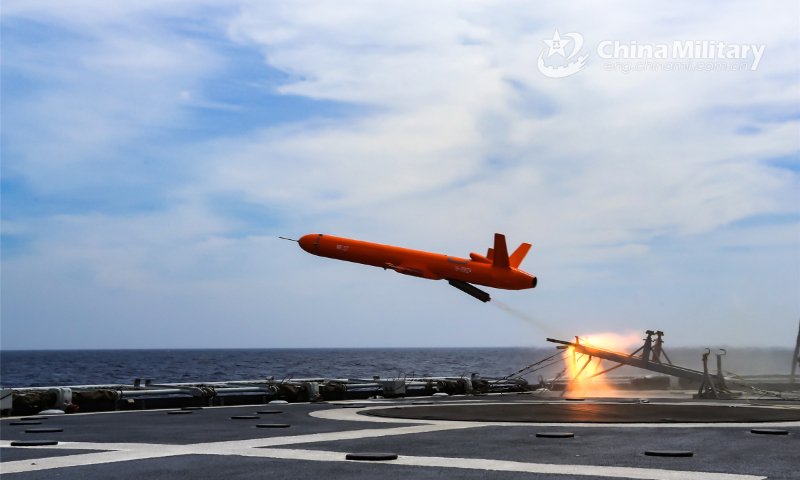 A target drone takes off from a vessel attached to a frigate flotilla with the navy under PLA Southern Theater Command during a combat training exercise aimed at enhancing coordination on June 12, 2022. (eng.chinamil.com.cn/Photo by Zhang Bin)