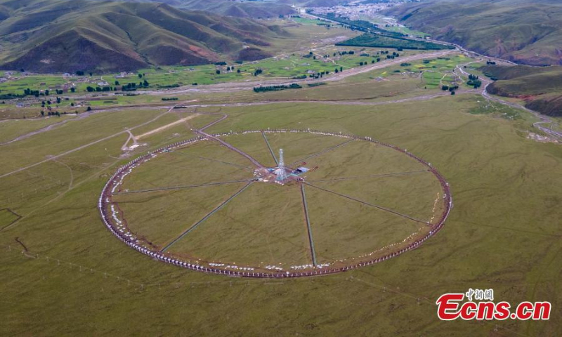 Aerial view shows the construction site of the Solar Radio Telescope (the Meridian Project phase II) in Daocheng county, Ganzi Ganzi Tibetan Autonomous Prefecture, southwest China's Sichuan Province, June 29, 2022. (Photo: China News Service/Liu Zhongyan)