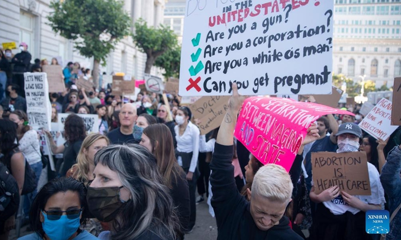 Demonstrators protest against the Supreme Court's overturning of the Roe vs. Wade abortion-rights ruling in San Francisco, California, the United States, on June 24, 2022.Photo:Xinhua